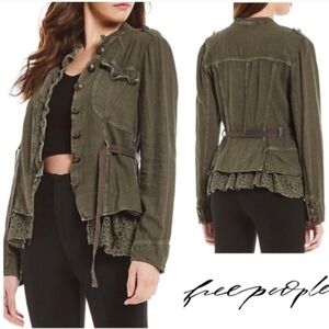 Free People Emilia Military Jacket Belted Lace Hem Utility Olive Small